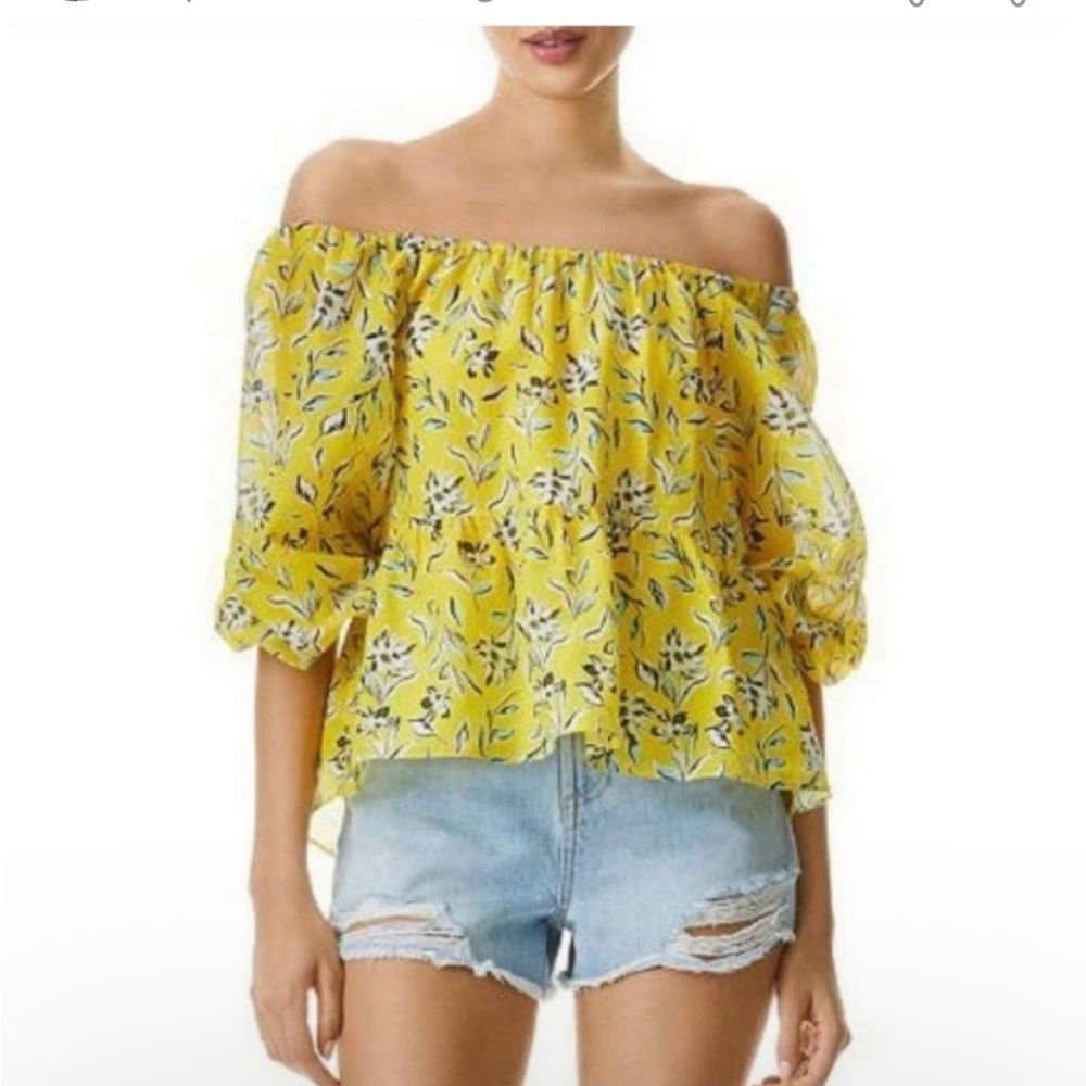 Alice + Olivia “Sunbeam”cotton silk blend off the shoulders yellow floral top